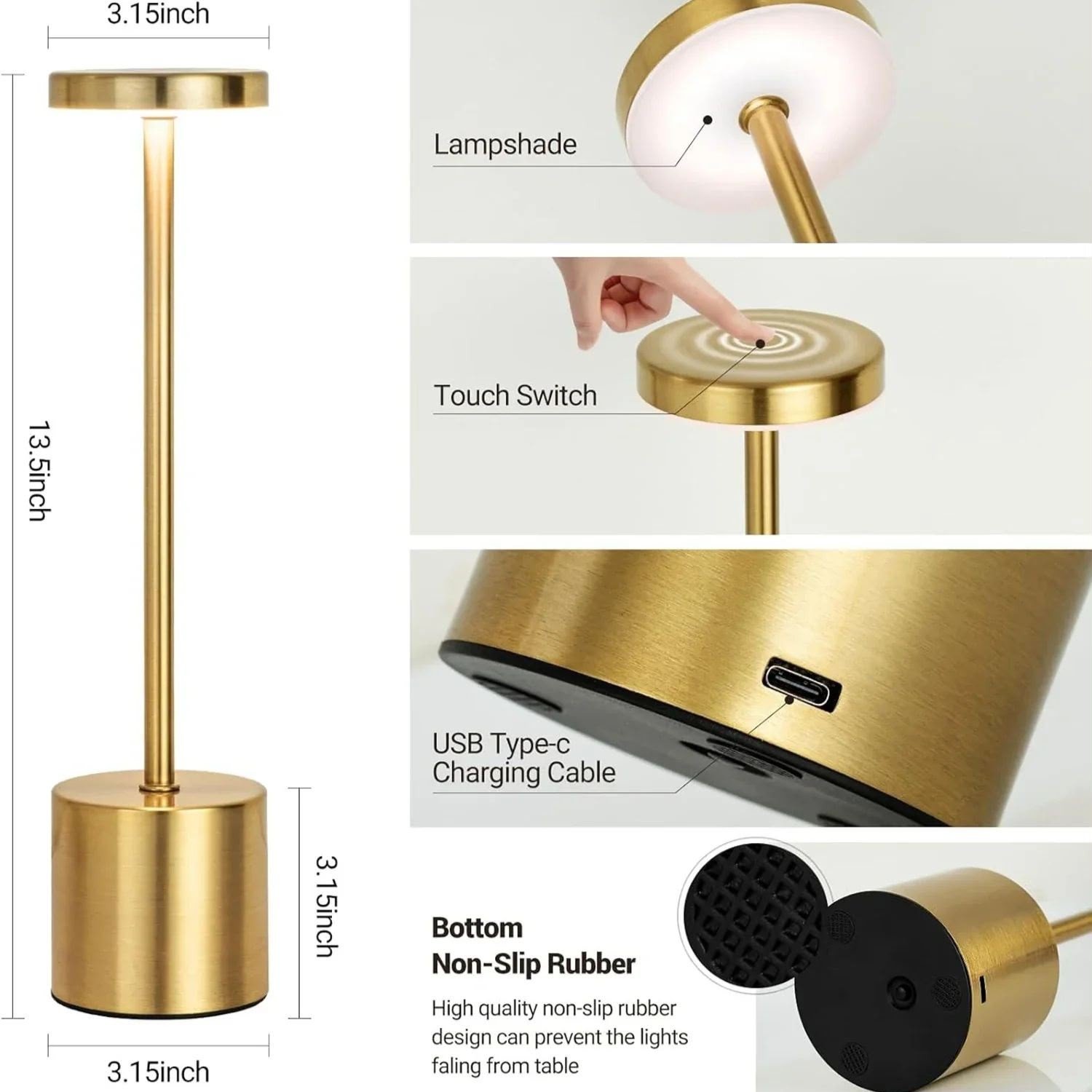Premium Cordless LED Table Lamp | Gold Metal | 3 Color Modes - Warm, Neutral, White | Touch Dimmable | Rechargeable | Bedroom + Restaurant Lamp